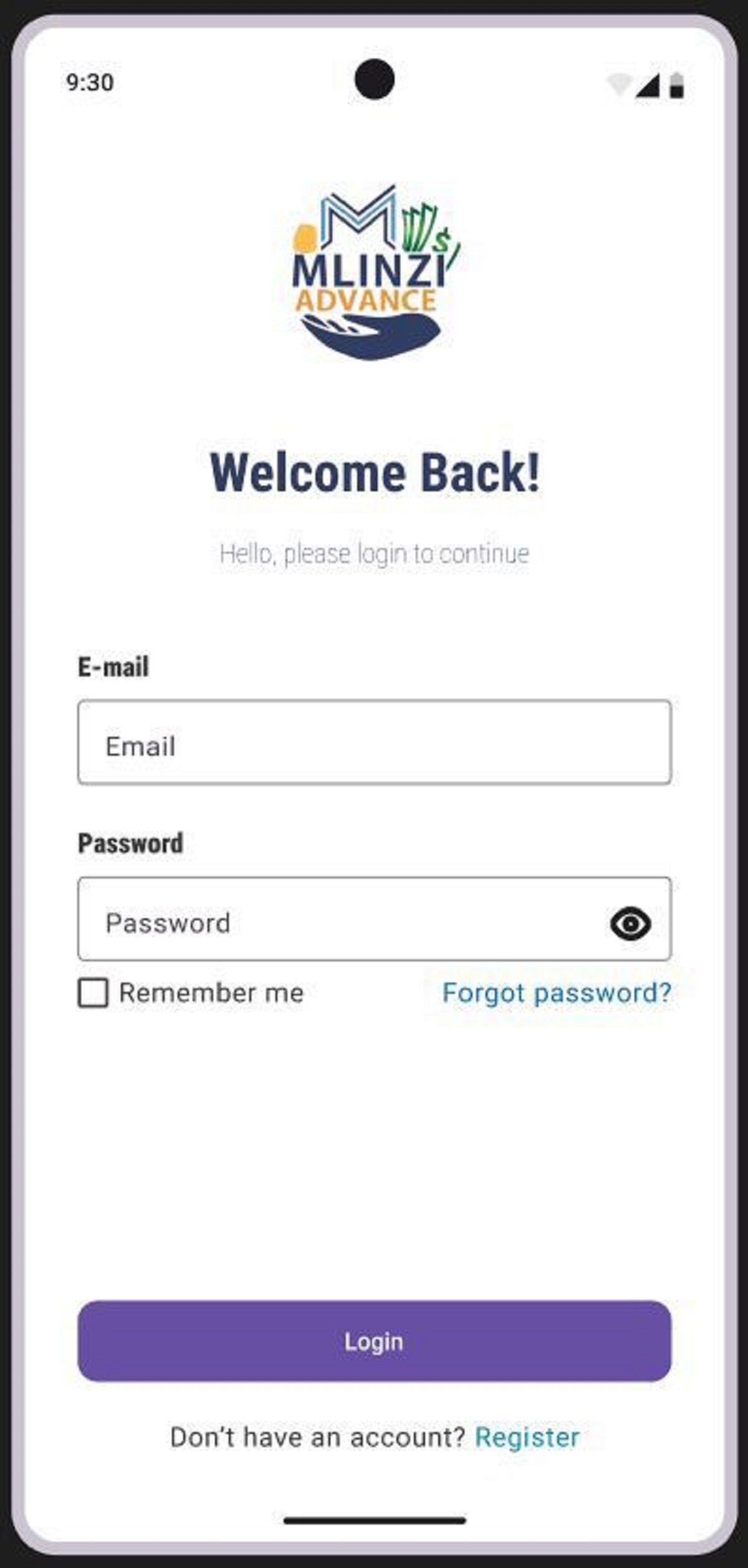 Hero App Screenshot — Mobile Login Screen